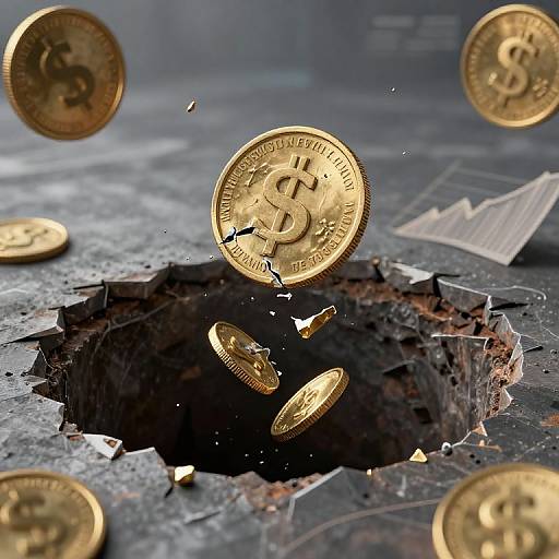 Photograph of gold coins bursting through a cracked, dark, textured surface, with several coins mid-air, emphasizing wealth and financial impact.