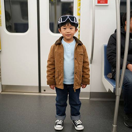 Photograph of an Asian toddler with dark hair, wearing goggles, a brown jacket, white shirt, blue jeans, and black-and-white sneakers, standing