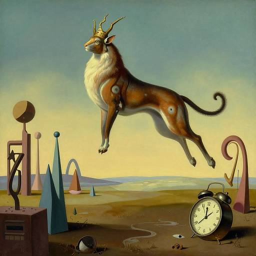 Digital surreal artwork: A crowned, antlered deer with a white chest, mid-leap, above a surreal landscape with geometric shapes, clock,