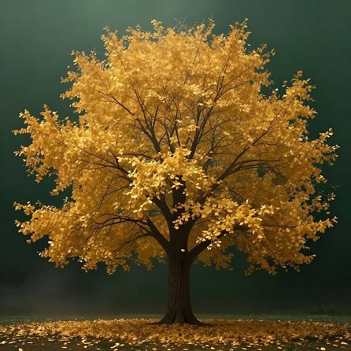Photograph of a solitary tree with vibrant golden-yellow leaves against a dark green, foggy background, standing on a ground covered in fallen leaves.