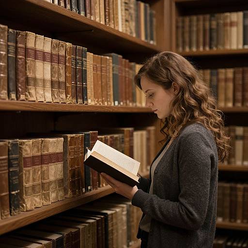 Photograph of a young woman with wavy brown hair, wearing a gray cardigan, standing in a library, reading a book against tall wooden book