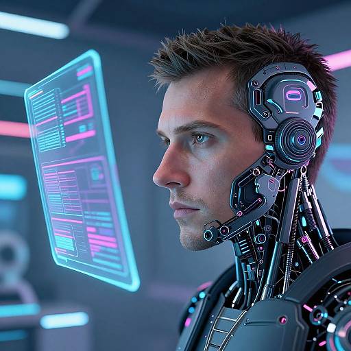 Photorealistic CGI of a cybernetically enhanced man with glowing neon interfaces, focused on holographic screen in futuristic, blue-lit room.