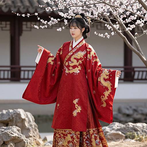 Photograph of an Asian woman in a red kimono adorned with gold dragon patterns, standing under cherry blossoms, traditional Japanese building background.