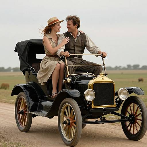 Photograph of a smiling couple in vintage attire, driving a black antique car with gold accents on a countryside road. Woman in dress and hat, man