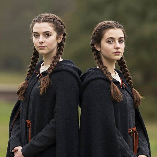 Braided Women in Cloaks Back-to-Back