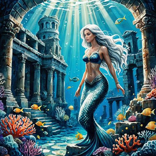 Solemn Mermaid in Underwater Ruins