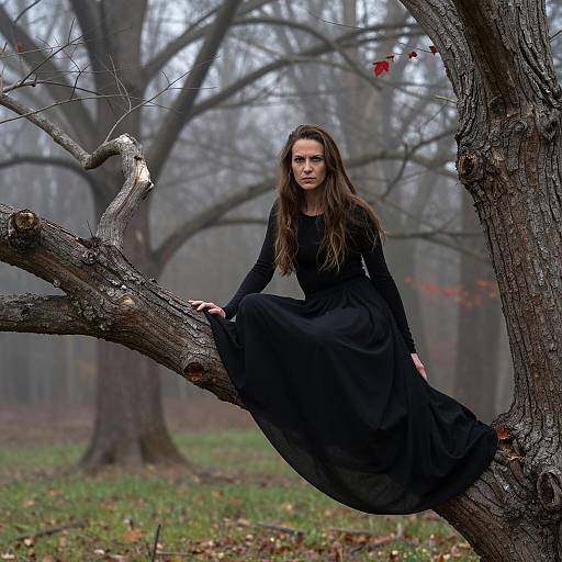 Mystical Woman in Foggy Forest Setting