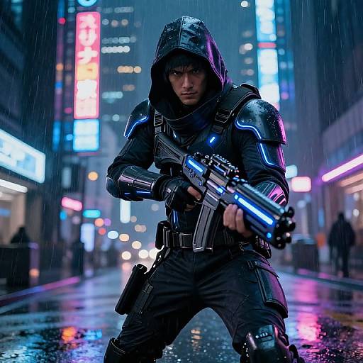 Cyberpunk night scene: Hooded, armored soldier with glowing blue gun, rain-soaked city street, neon lights, intense expression, dynamic pose