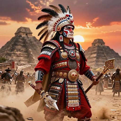 Photograph of a Native American warrior in elaborate red and black armor, feathers, and jewelry, standing proudly with a sword, against a sunset backdrop of