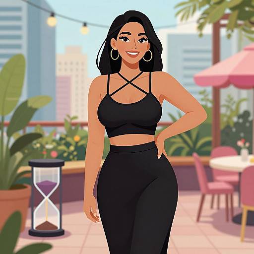 Digital illustration of a smiling woman with medium skin tone, black hair, hoop earrings, black strappy top, and high-waisted pants, standing