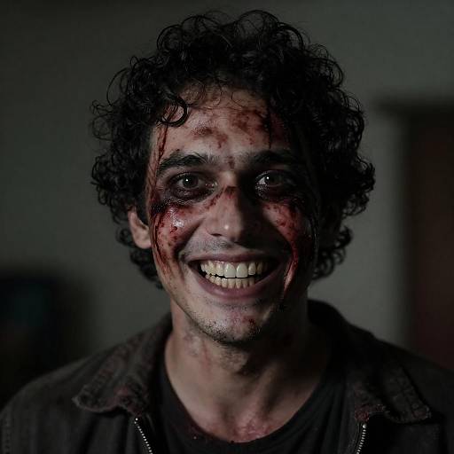 Man with blood-streaked face and maniacal grin