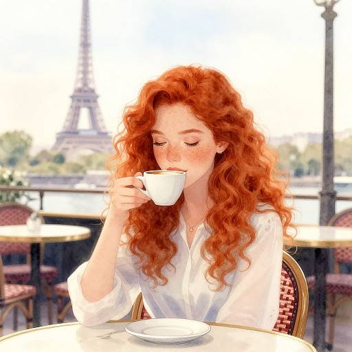 Digital painting of a red-haired woman with wavy hair, wearing a white blouse, sipping from a white cup at a Paris café with the E