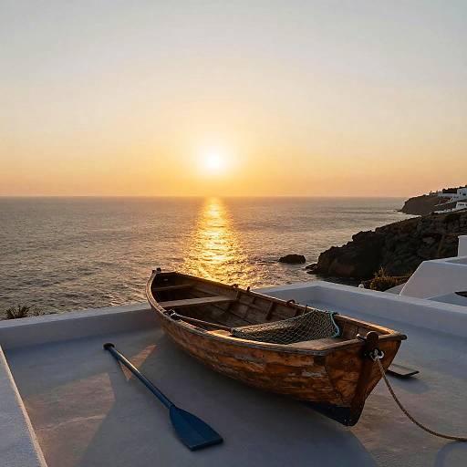 Photograph of a wooden rowboat with a net and oar, resting on a white terrace at sunset, overlooking a calm ocean.