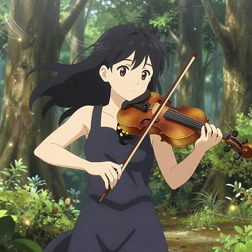 Anime Girl Playing Violin in Forest