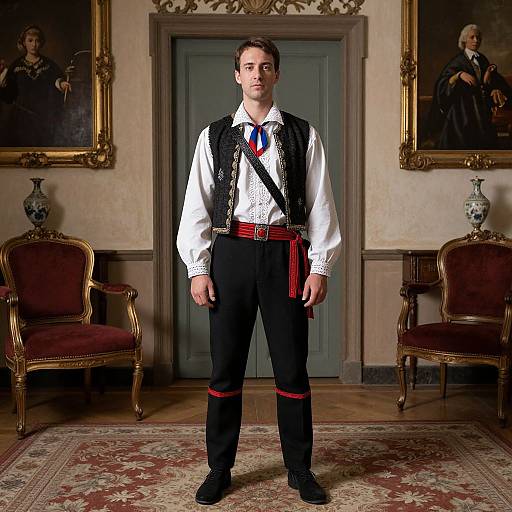 Photograph of a young man in traditional Scottish attire, standing in a ornate, vintage room with two framed portraits and antique furniture.