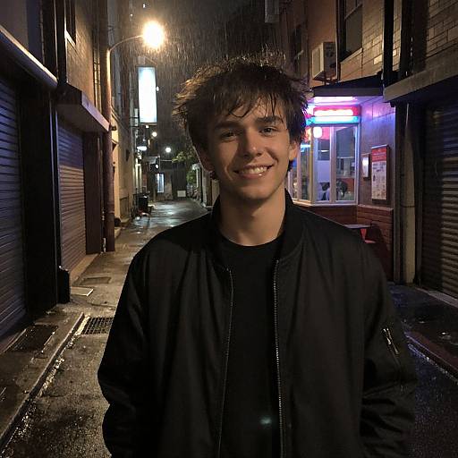 Mischievous Youth in Rainy Neon Alley