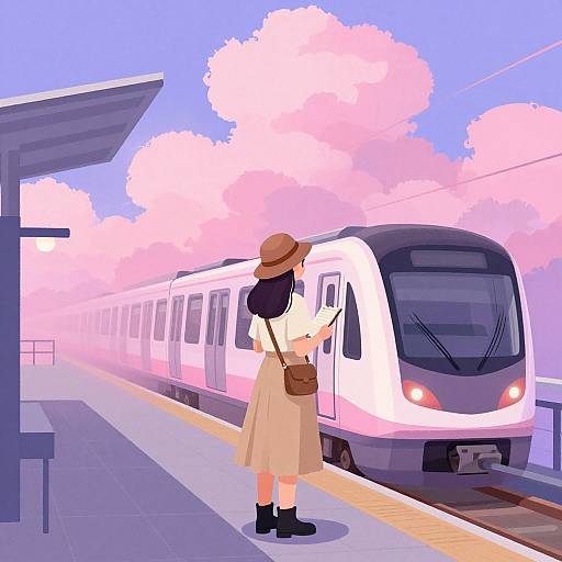 Digital anime-style drawing of a young woman in a beige dress and brown hat, standing on a pink cherry blossom-dotted train platform, waiting for a