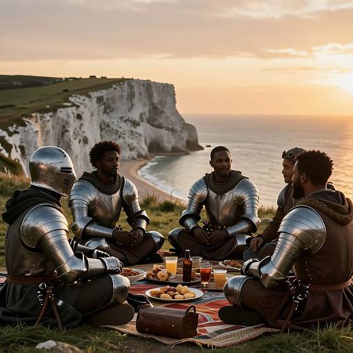 Photograph of five medieval knights in shining armor, sitting around a picnic on a cliff overlooking a sunset ocean and white cliffs.