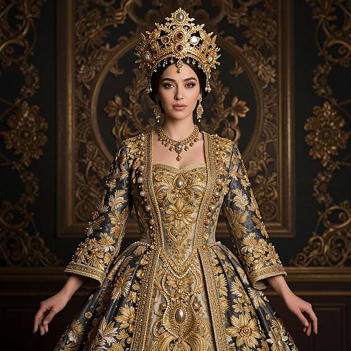 Photograph of a South Asian woman in an elaborate, gold-embellished, black traditional dress with intricate patterns, wearing a detailed headdress and