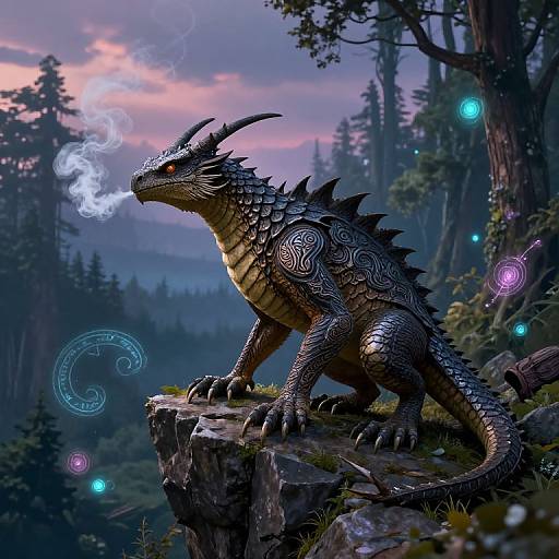 Digital fantasy artwork of a black-scaled dragon with glowing red eyes, intricate blue swirls on its back, smoking, perched on a rocky cliff