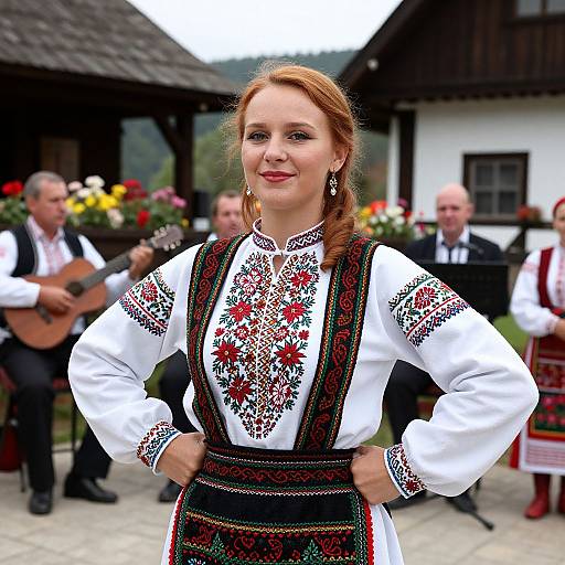 Photograph of a red-haired woman in a traditional white embroidered dress with black and red patterns, standing confidently outdoors, with musicians in the background.