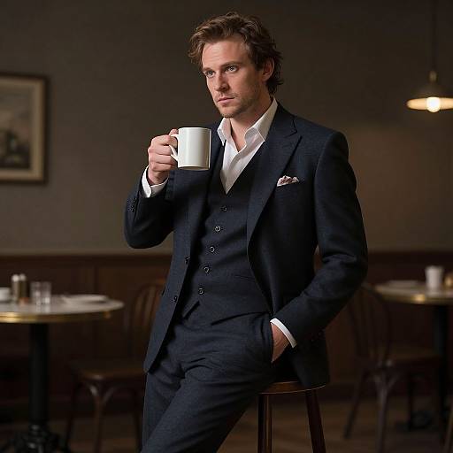 Photograph of a handsome man with light brown hair, wearing a black three-piece suit, white shirt, holding a white mug, standing in a dim