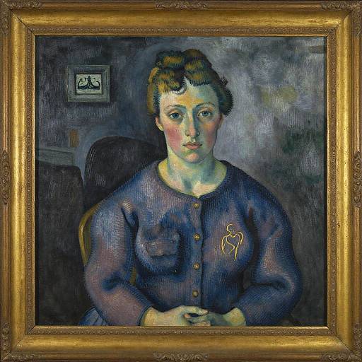 Expressionist portrait of a woman with short brown hair, wearing a blue cardigan with a gold spider pin, framed in a gold ornate frame.