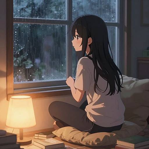 Anime-style digital drawing of a black-haired girl in a white shirt, sitting on a pillow by a glowing lamp, watching rain through a window at night