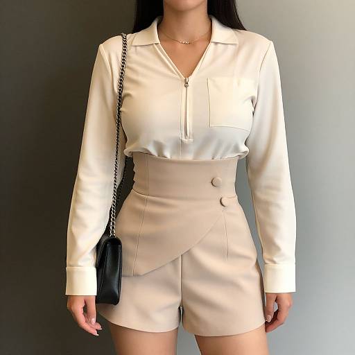 Photograph of a woman wearing a white long-sleeve blouse and high-waisted beige shorts, with a black chain purse on her shoulder,