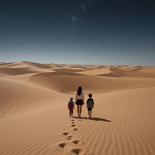 Photograph of three people, including an adult and two children, walking in a vast, sunlit desert with rippled sand dunes under a clear