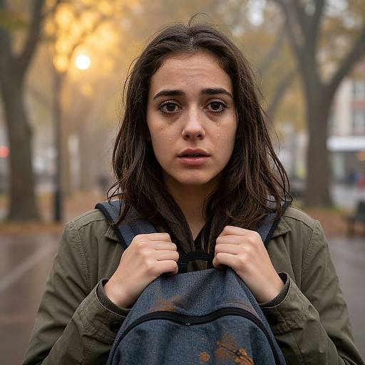 Emotional Woman in Rainy City Park