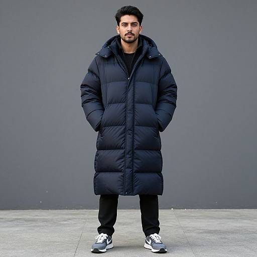 Photograph of a young, bearded man with dark hair, wearing a black puffer coat, black pants, and white sneakers, standing against a