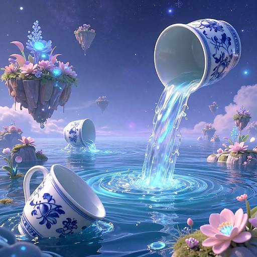 Whimsical digital artwork: Blue-and-white teacups floating, spilling glowing water into a starry, floral-filled ocean with floating flower baskets