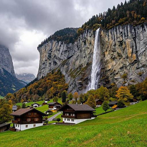 Photograph of a picturesque mountain landscape with a tall waterfall cascading down a rocky cliff, surrounded by alpine houses and lush green grass. Overcast