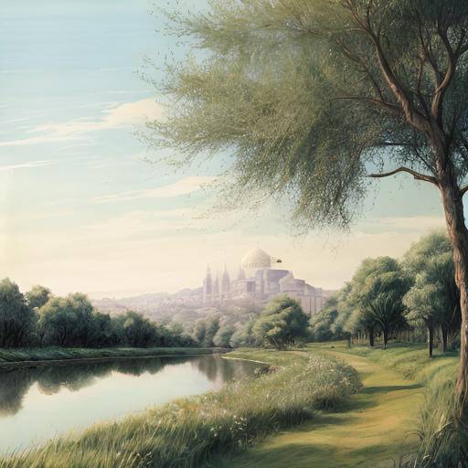 Vintage Botanical Scene: Willow Riverbank Breeze