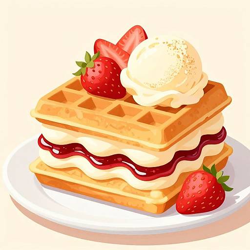 Digital illustration of a stacked waffle with creamy white topping, red jam, and two strawberries, topped with a dollop of whipped cream on a white