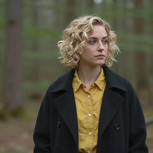 Blonde Woman in Black Coat in Forest