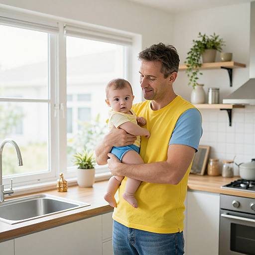 Photograph of a smiling father with short brown hair, wearing a yellow and blue shirt, holding a curious baby in a yellow shirt and blue diaper,