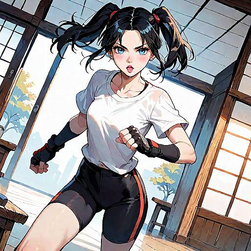 Anime Girl in Fighting Stance Indoors