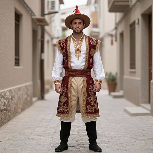 Photograph of a man in traditional Moroccan attire, standing on a narrow cobblestone street. He wears a white shirt, red and gold embroidered vest