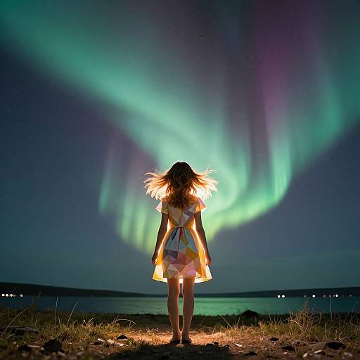 Photograph of a woman with long brown hair, wearing a colorful dress, standing on a rocky shore, facing vibrant green northern lights in a dark,