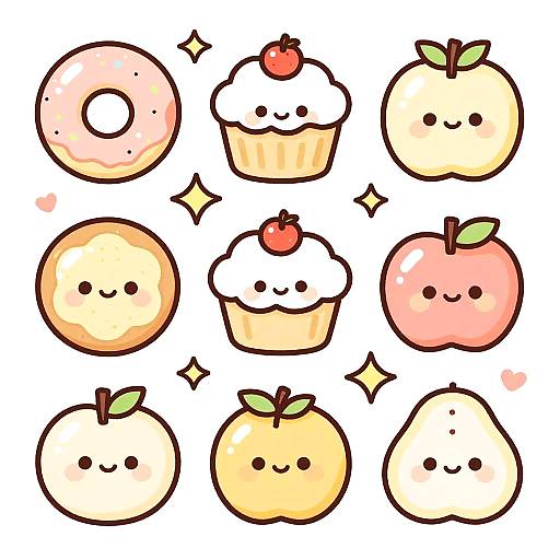 Cute digital illustration of seven kawaii pastries with smiling faces: three donuts, three cupcakes, and one peach, with sparkling accents.