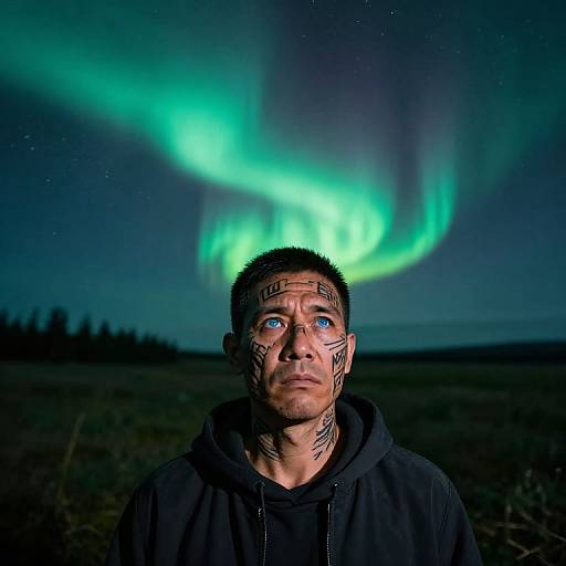 Photograph of a man with blue eyes, black tattoos on face, wearing a black hoodie, standing in front of vibrant green Northern Lights against a star