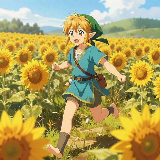 Anime Girl Running Through Sunflowers