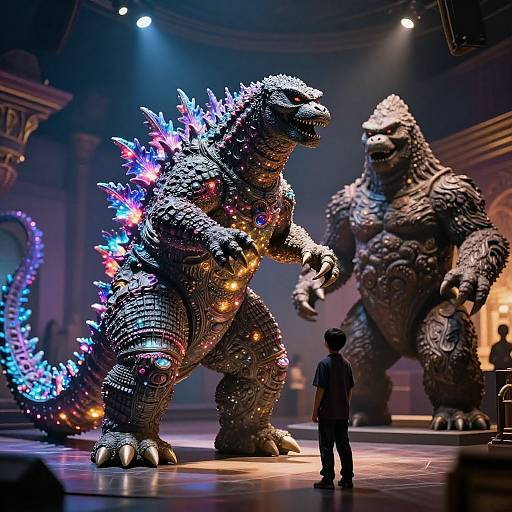 Photograph of a stage show featuring two giant, illuminated, metallic Godzilla-like creatures with colorful lights, facing a small human figure.