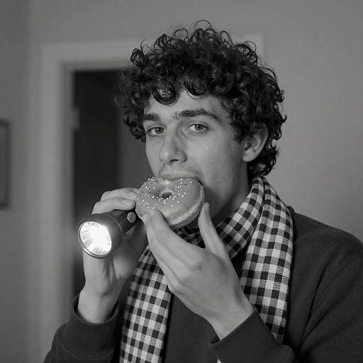 Curly Haired Man with Doughnut and Flashlight