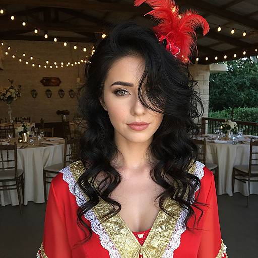 Photograph of a woman with long, wavy black hair, wearing a red Renaissance-style dress with gold and white lace, and a red feather in