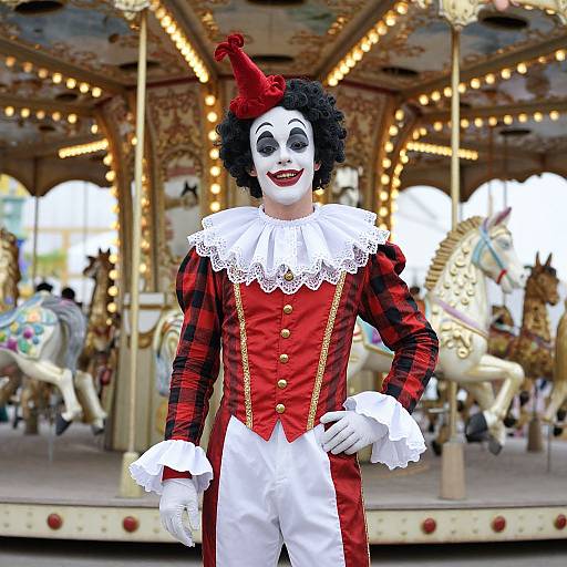 Photograph of a white-faced clown in red and black checkered outfit with white lace collar and gloves, red hat, standing in front of a brightly
