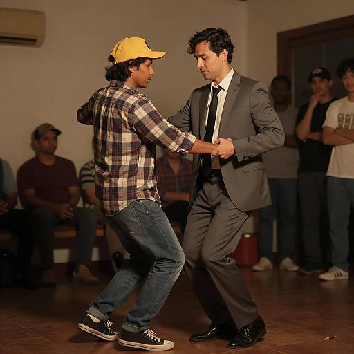 Dimly Lit Dance Scene with Two Men