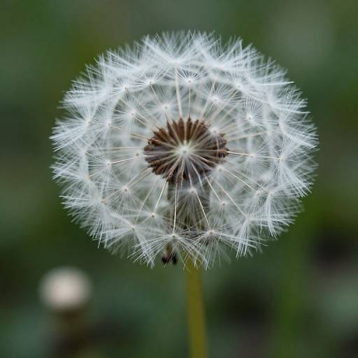 Close-up photograph of a glowing white dandelion seed head against a blurred green background, showcasing delicate, radiating seeds.